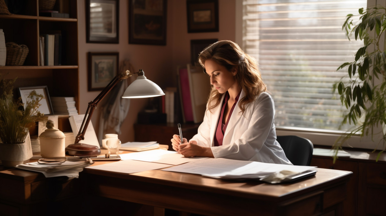 A woman doctor working at a desk, medical images stock