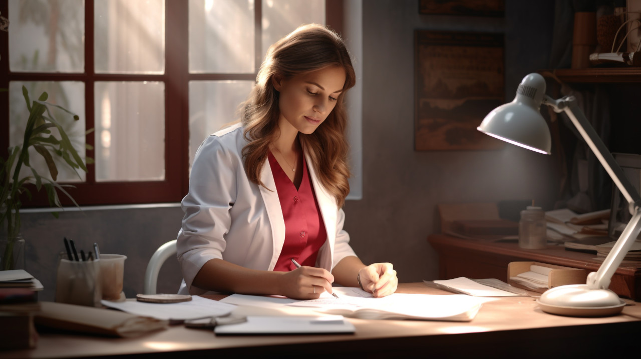 Female physician working at computer, medical images stock
