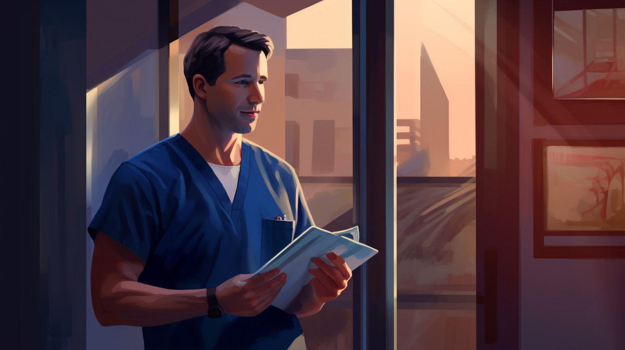 A female nurse standing with a clipboard in front of an window, medical images stock