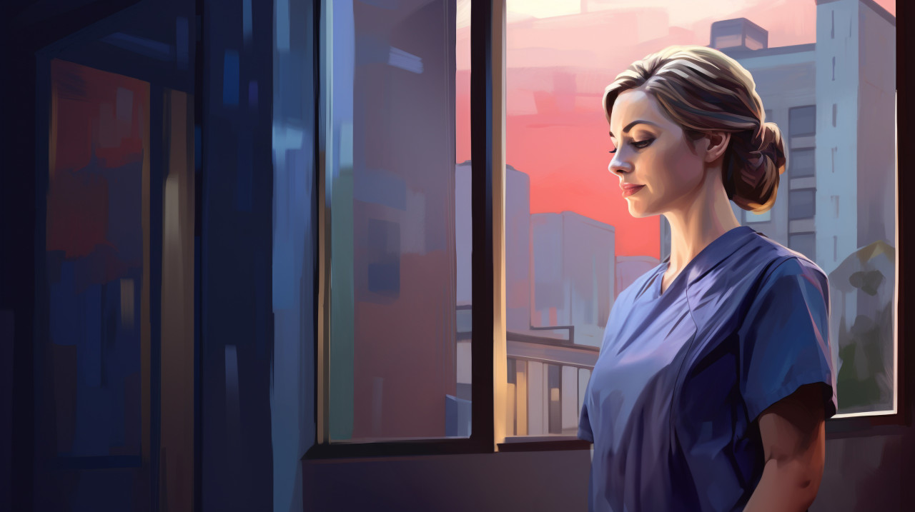 Nurse preparing for surgery at window, medical images stock