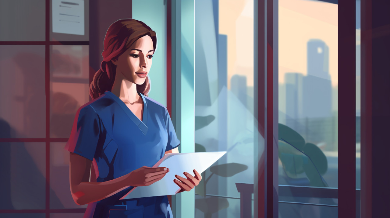Nurse charting at window with city view, medical images stock