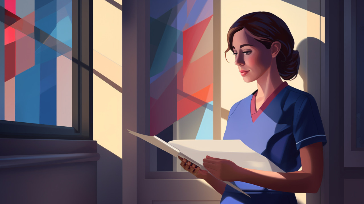 Nurse taking notes at window with natural light, medical images stock