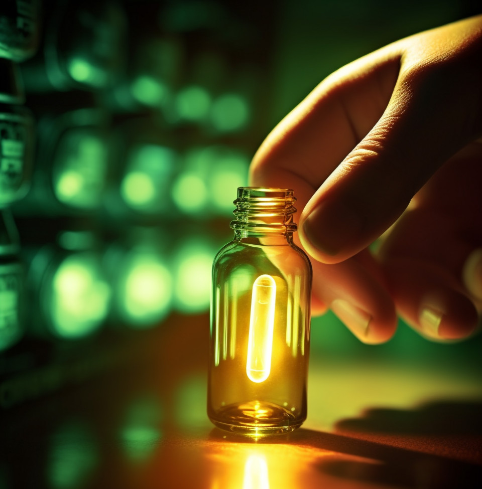 A persons hand reaches out to touch a glowing vial of medicine, medical images stock