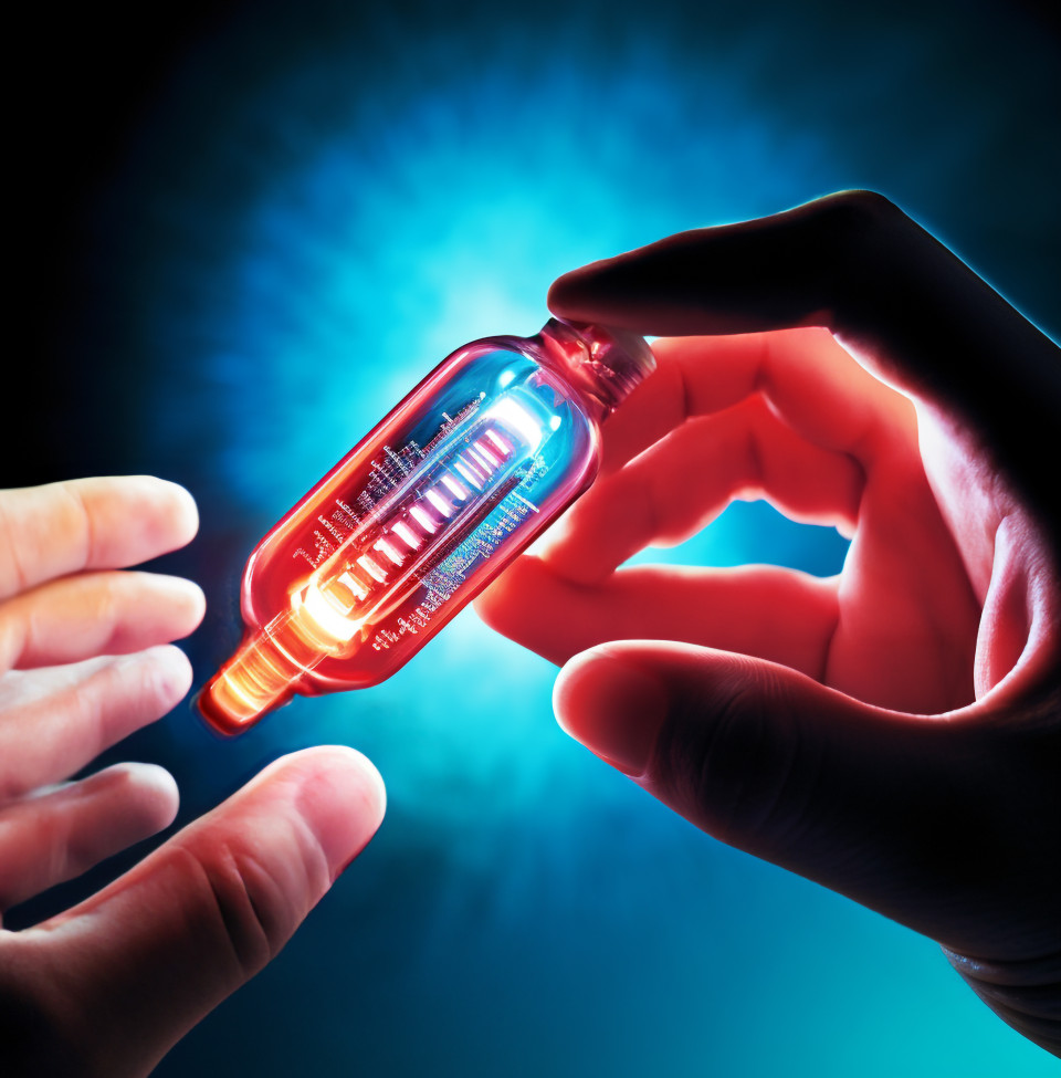 Hand reaches for glowing vial of medicine, medical images stock