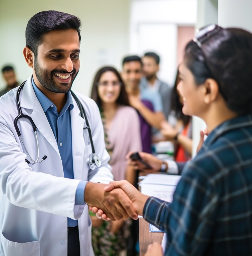 A doctor and a patient are shaking hands in a crowded waiting room, medical images stock