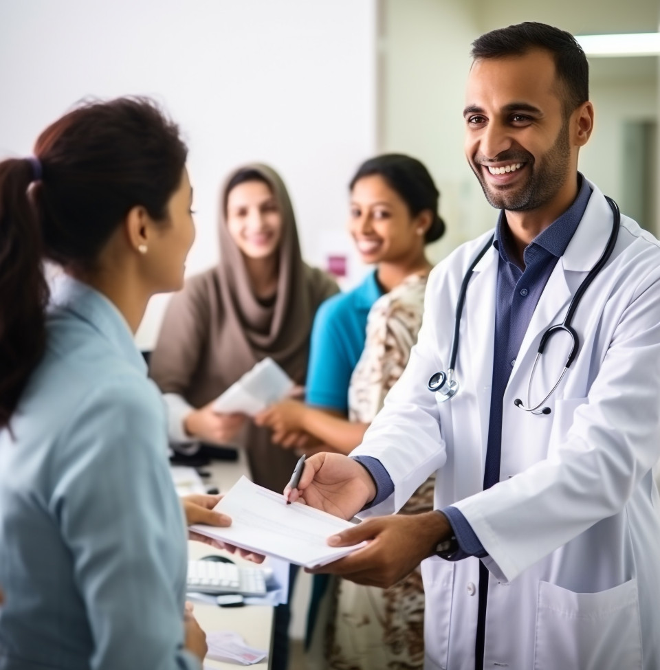 Doctor shakes patient's hand in waiting room, medical images stock