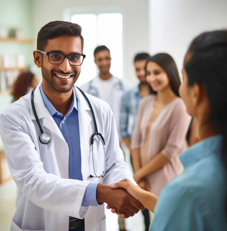 Doctor and patient connect in busy waiting room, medical images stock