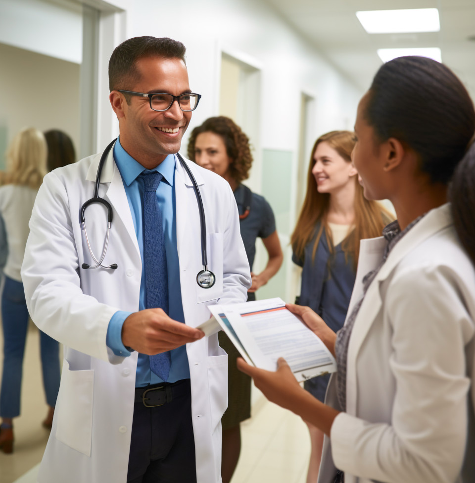 A doctor and a patient are shaking hands in a busy hospital hallway, medical images stock