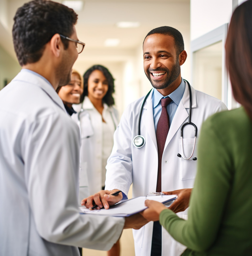 Doctor and patient shake hands in hospital hallway, medical images stock