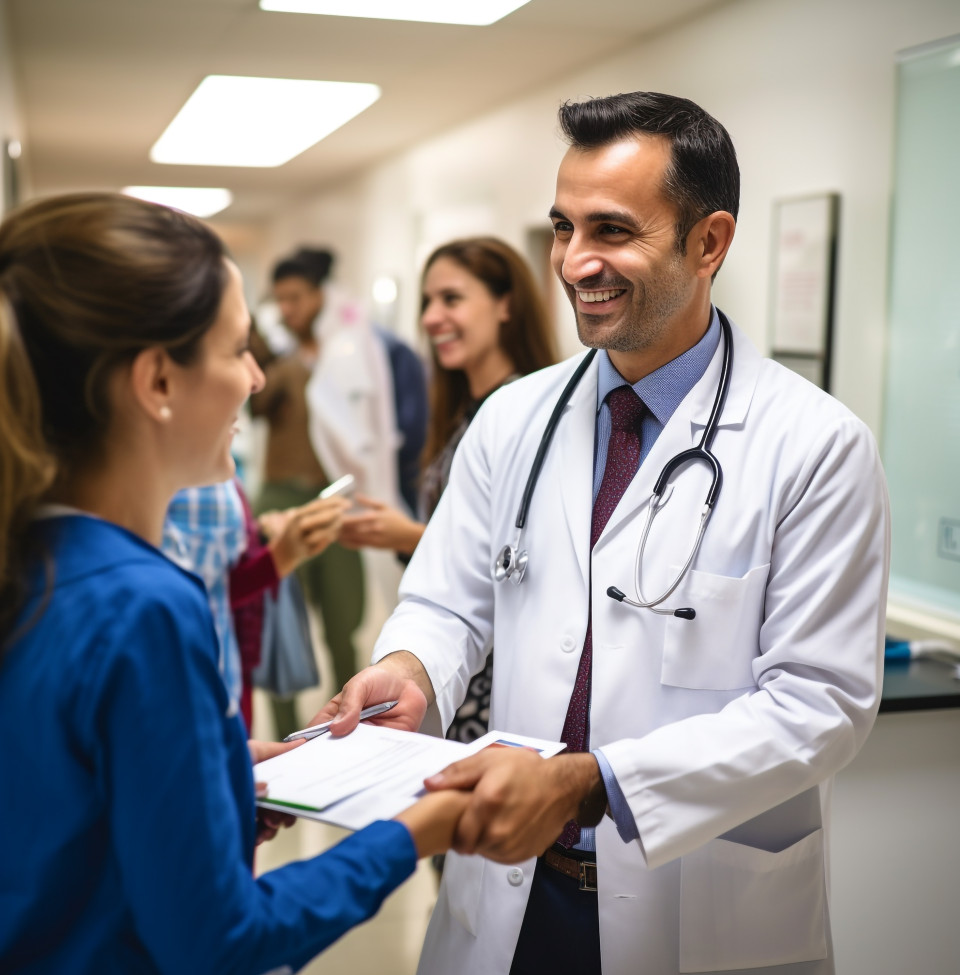 Patient and doctor greet each other in hospital, medical images stock