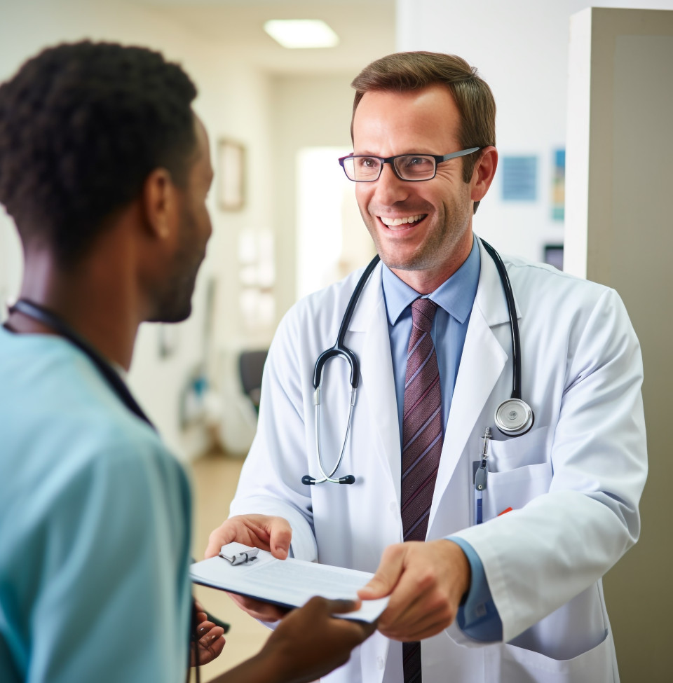 Doctor and patient share a moment in hospital, medical images stock