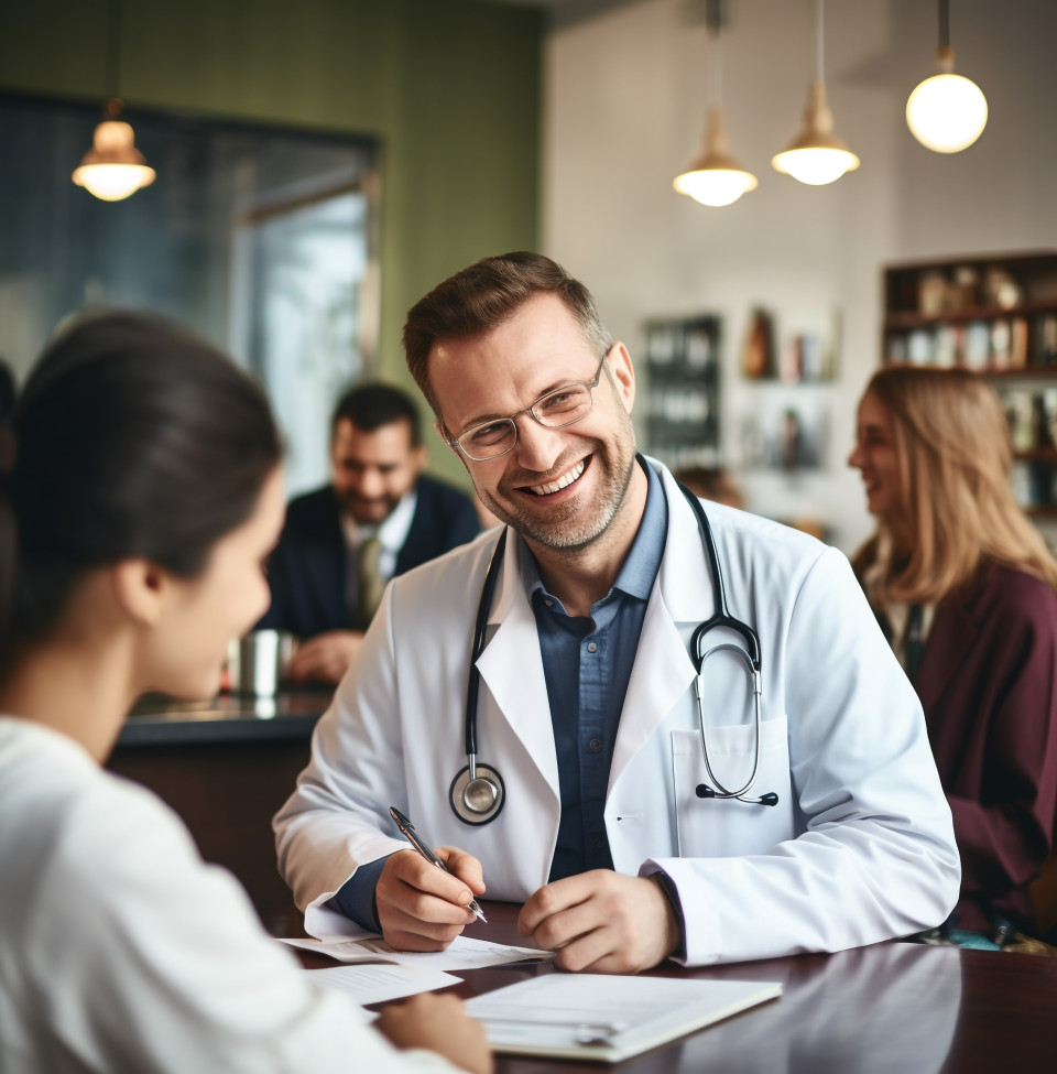Doctor and patient confer, medical images stock