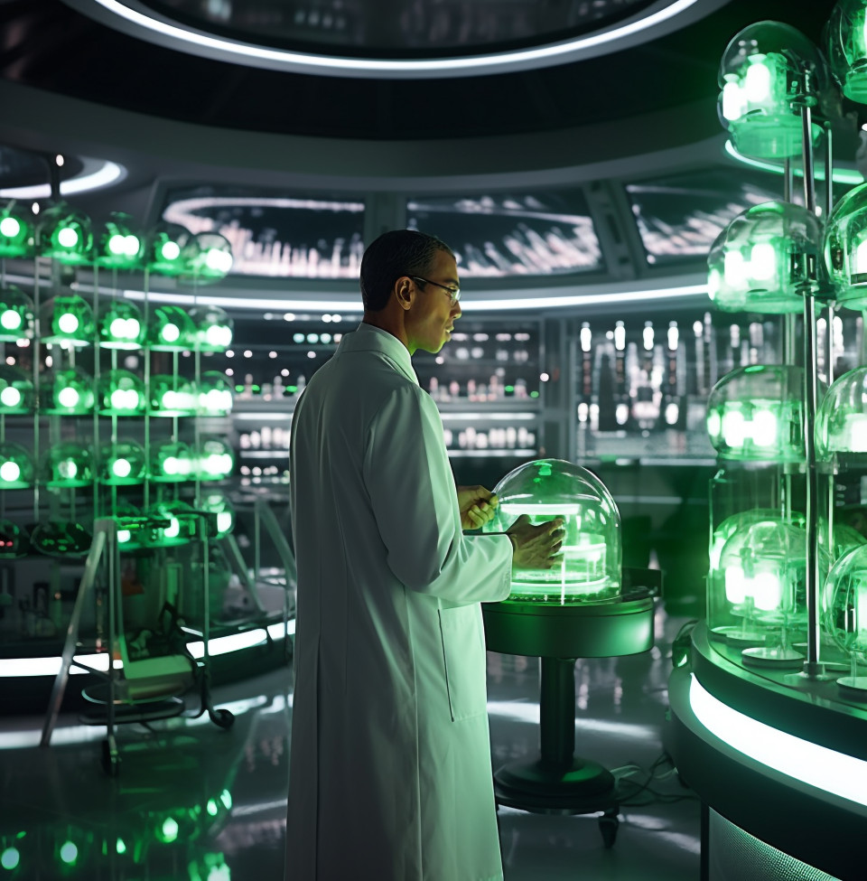 Researcher in lab coat standing tall, medical images stock