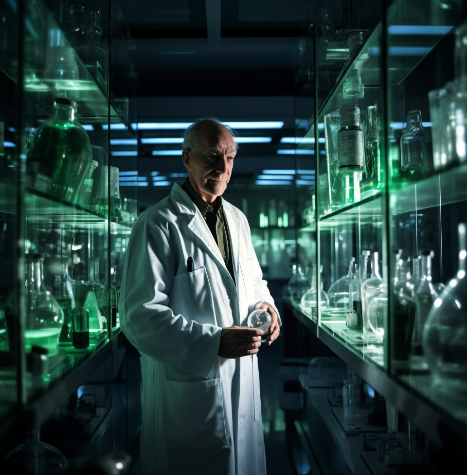 Scientist in white coat in lab, medical images stock