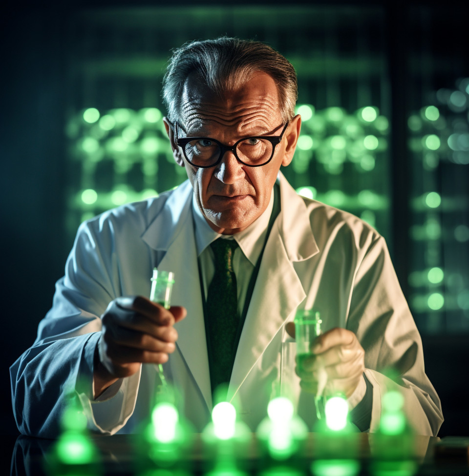 A scientist in a white coat stands in a dark laboratory, medical images stock