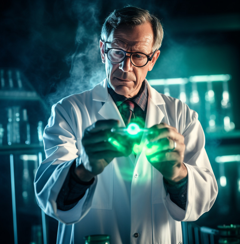 Scientist conducts experiment in dark lab, medical images stock