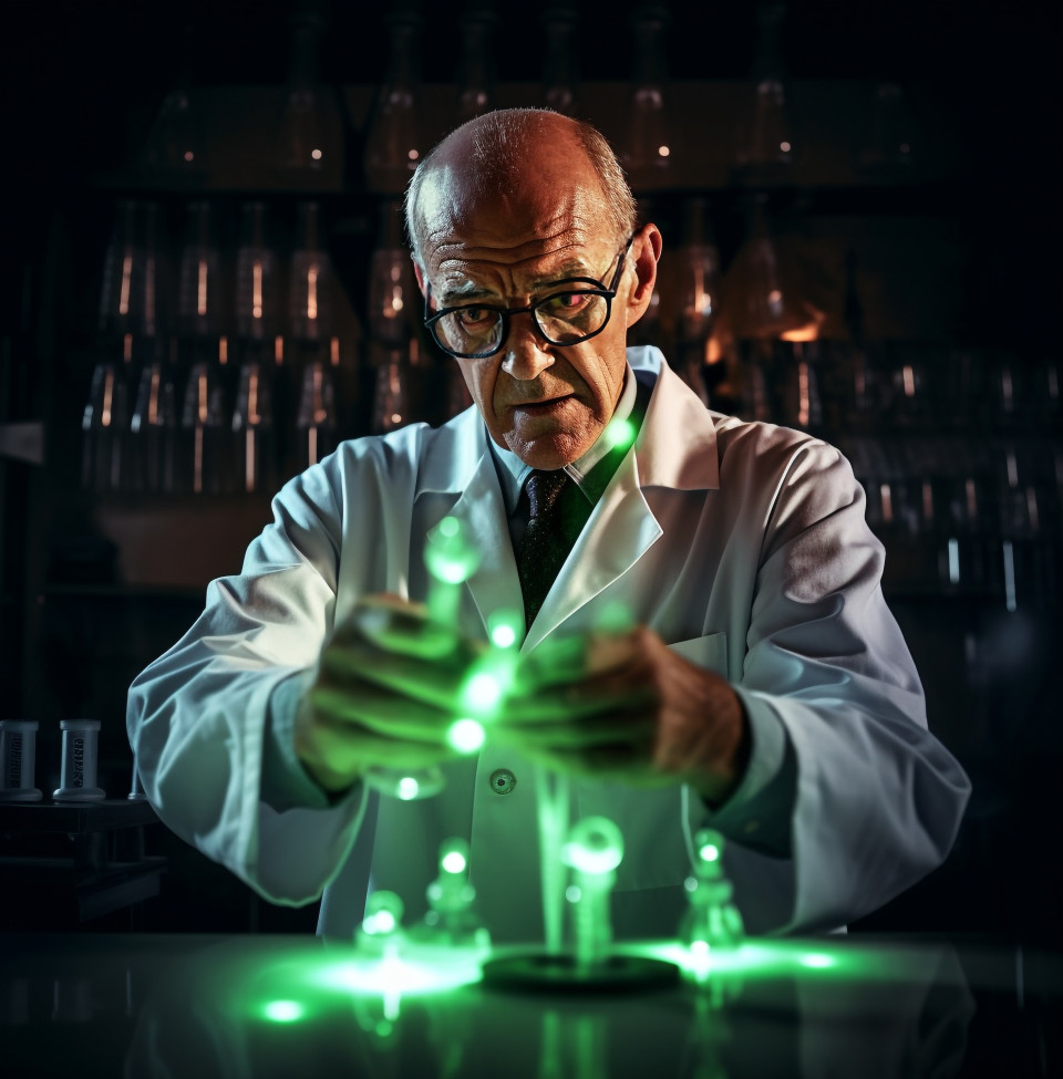 Chemist conducts chemical reaction in lab, medical images stock