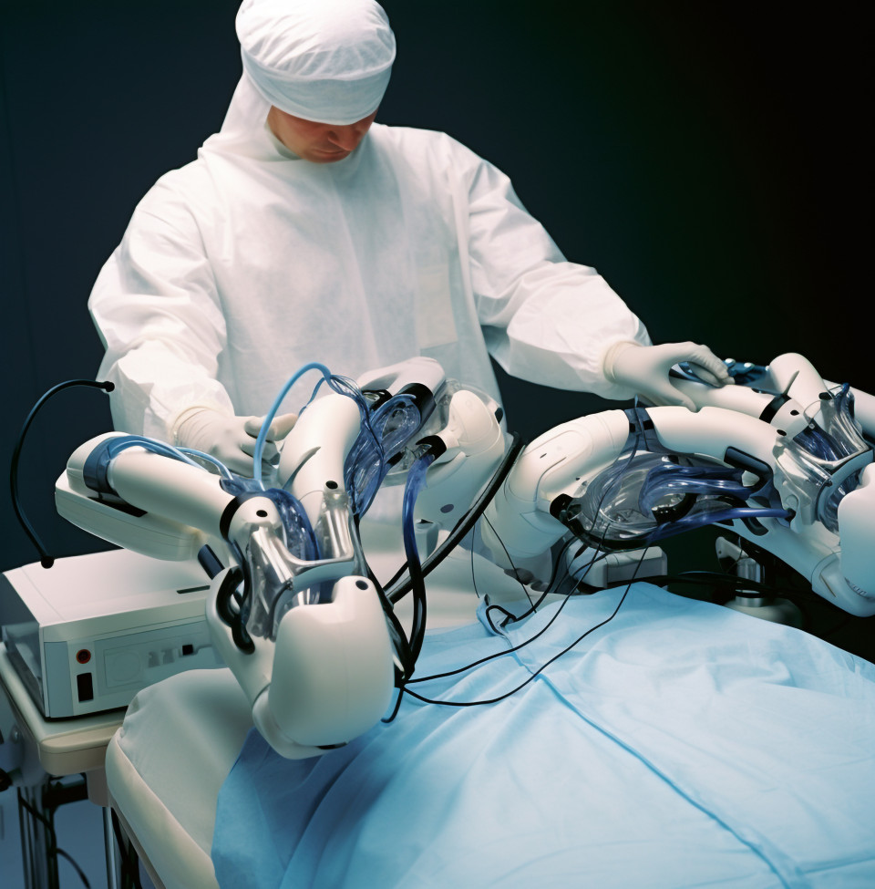 Robotic arms perform surgery inside patient's body, medical images stock