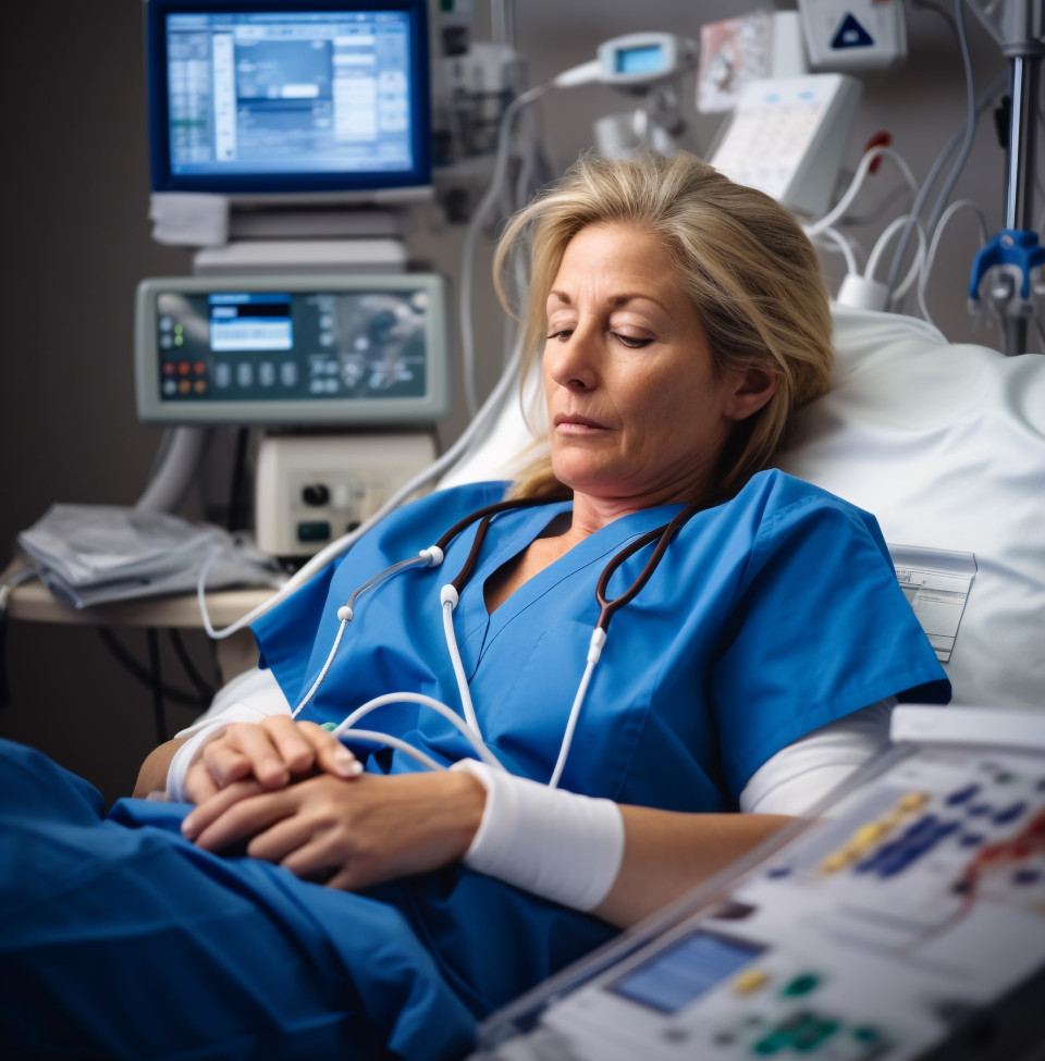 Nurse in blue scrubs and white coat, medical images stock
