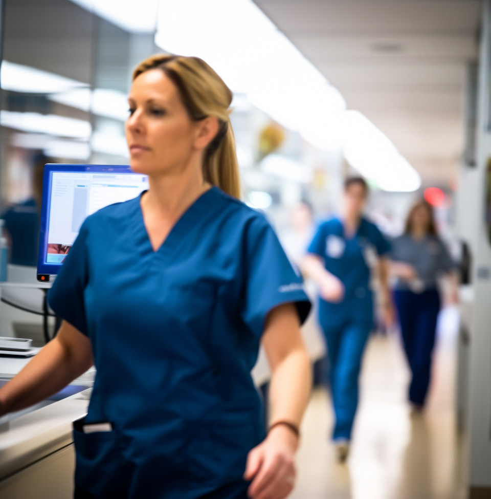 The nurse is walking down a long brightly lit hallway, medical images stock