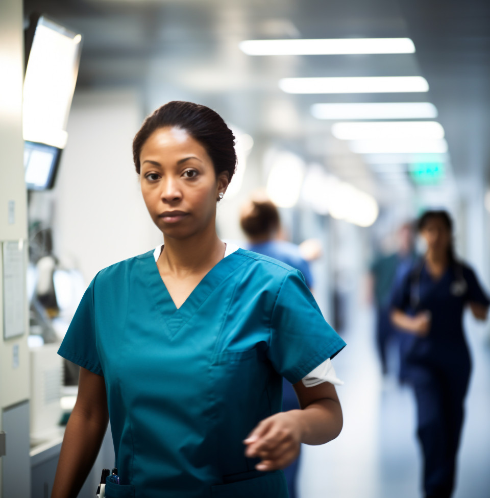Nurse walking down hallway, medical images stock