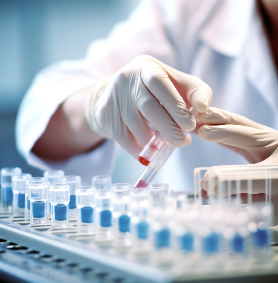 Scientist's hands control equipment, medical images stock