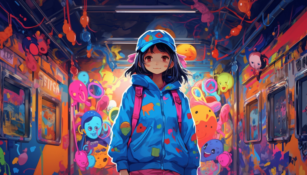 Young girl in blue jacket stands in hallway, anime style art