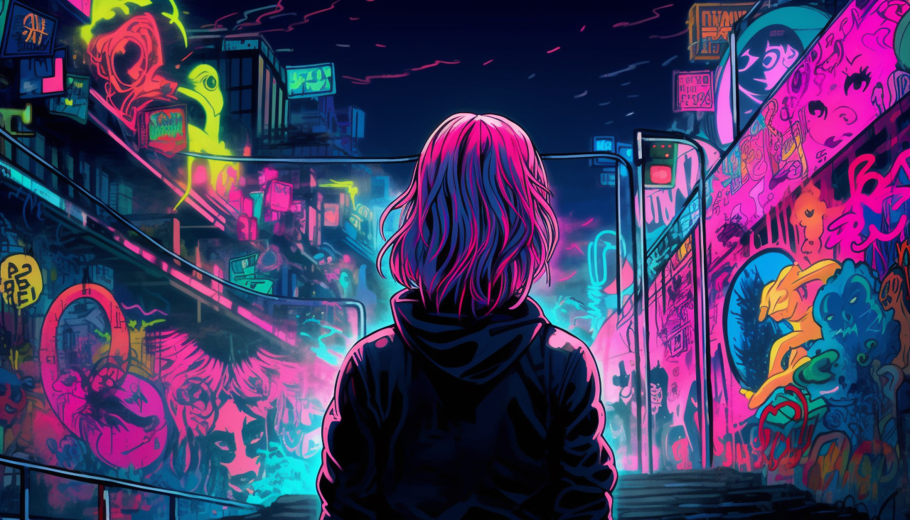 An anime girl with pink hair standing, anime style art