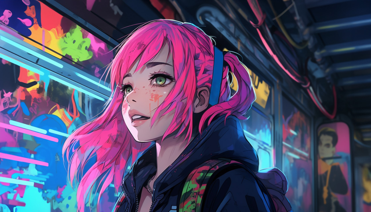 Standing anime girl with pink hair, anime style art
