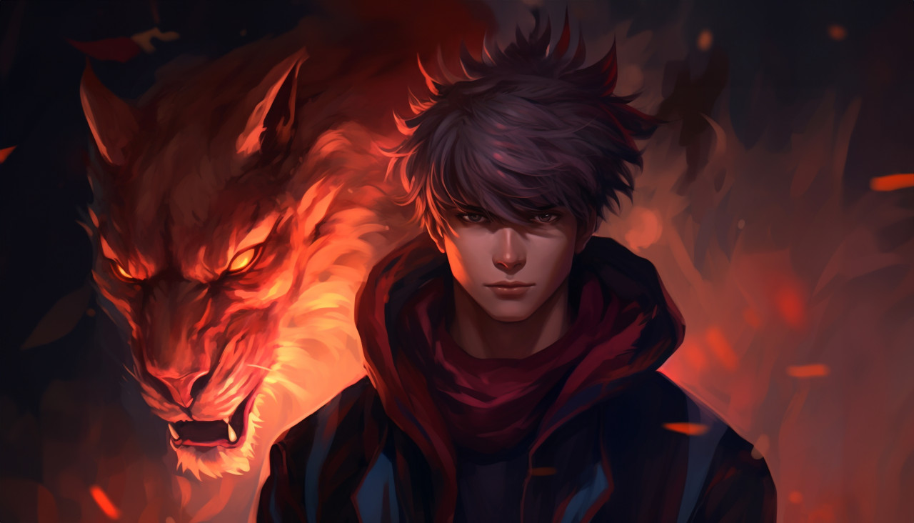 The head of an anime man stands next to a fire, anime style art
