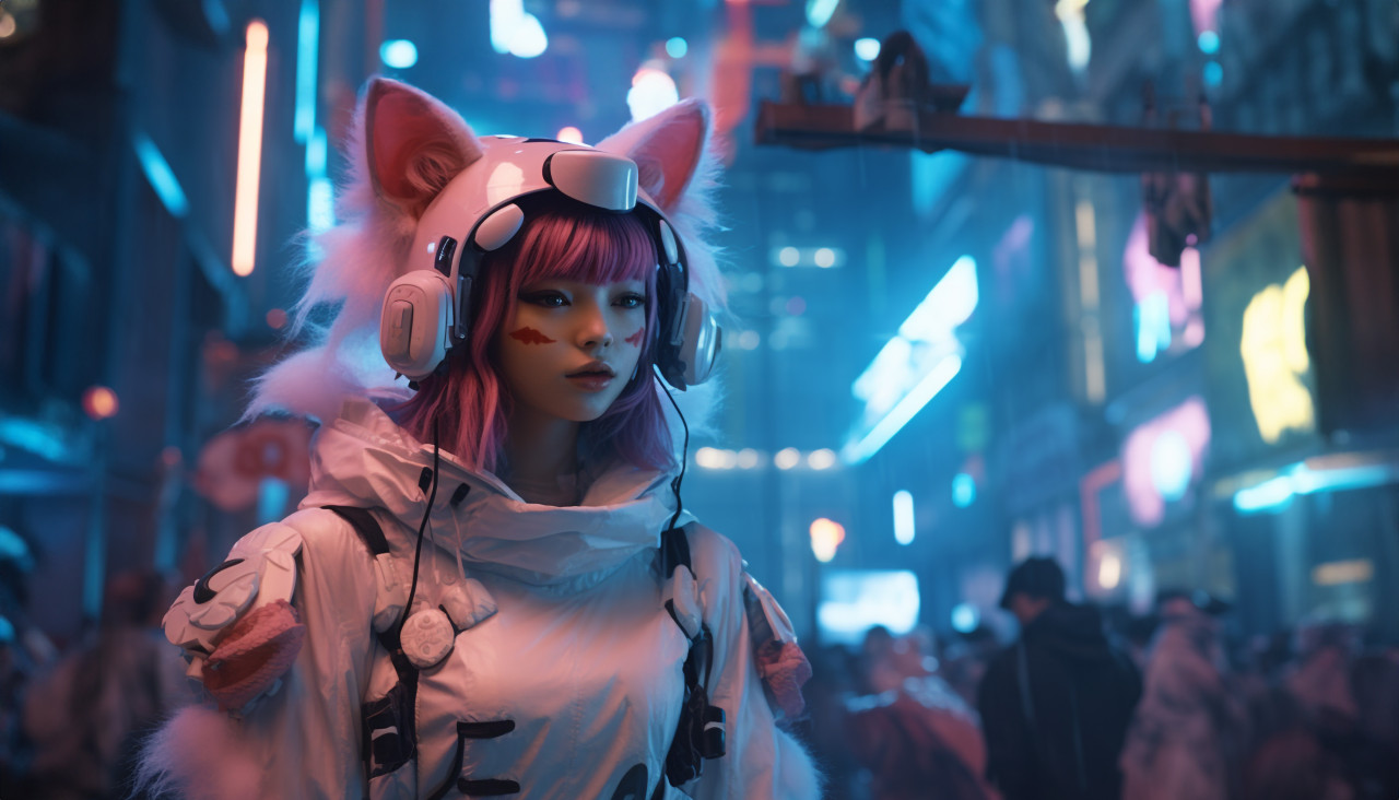 A woman with cat ears is standing at night, anime style art