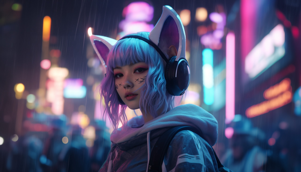 Woman with cat ears in the moonlight, anime style art