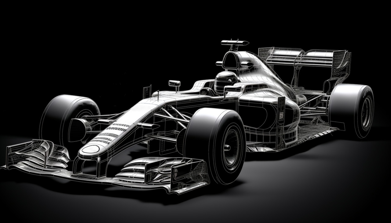 Drawing f1 racing car on black background, ascii style art