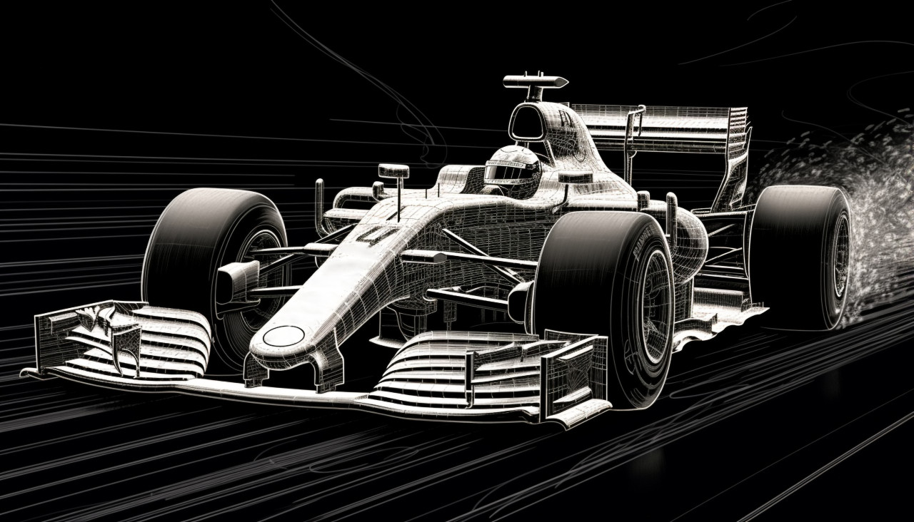 Black and white drawing of f1 racing car, ascii style art