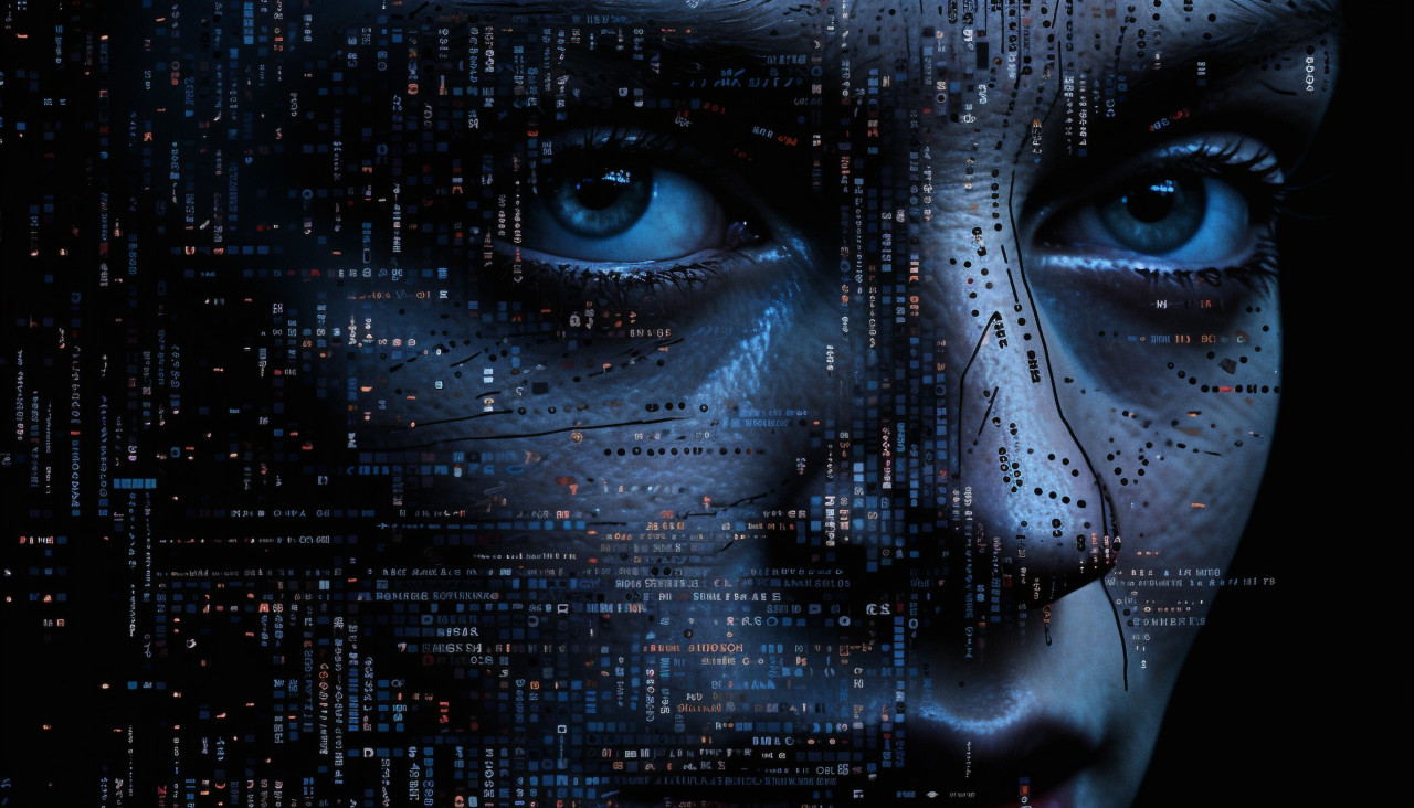 Some dark image in the dark with a face with blue eyes, ascii style art