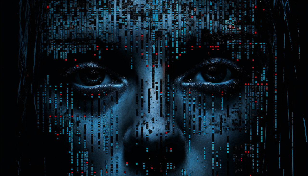 Blue eyes peering through the darkness, ascii style art