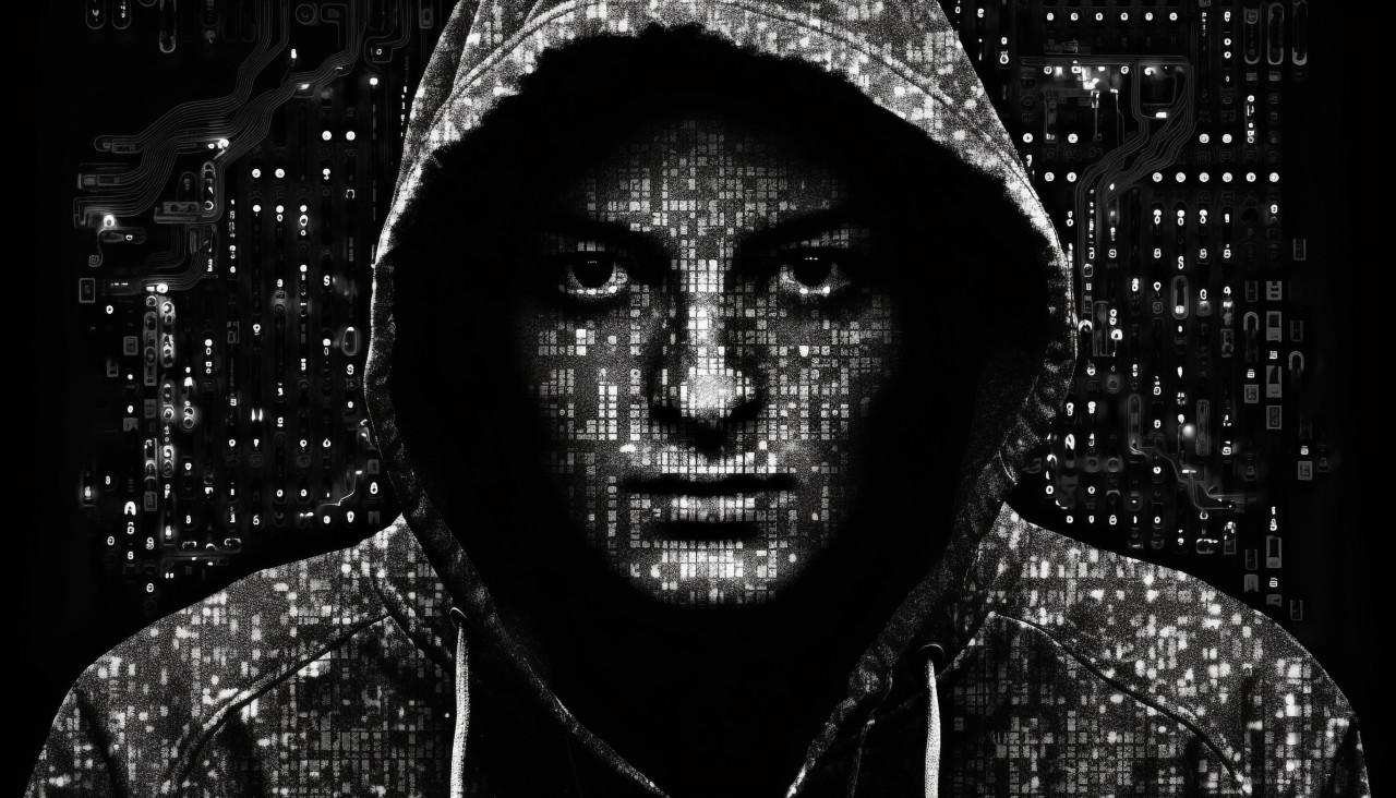 Computer hacker in hoodie, ascii style art
