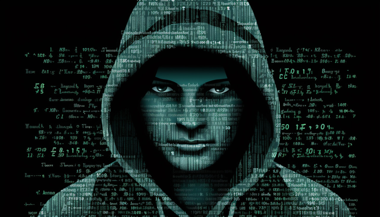 A hacker is shown in a hoodie, ascii style art