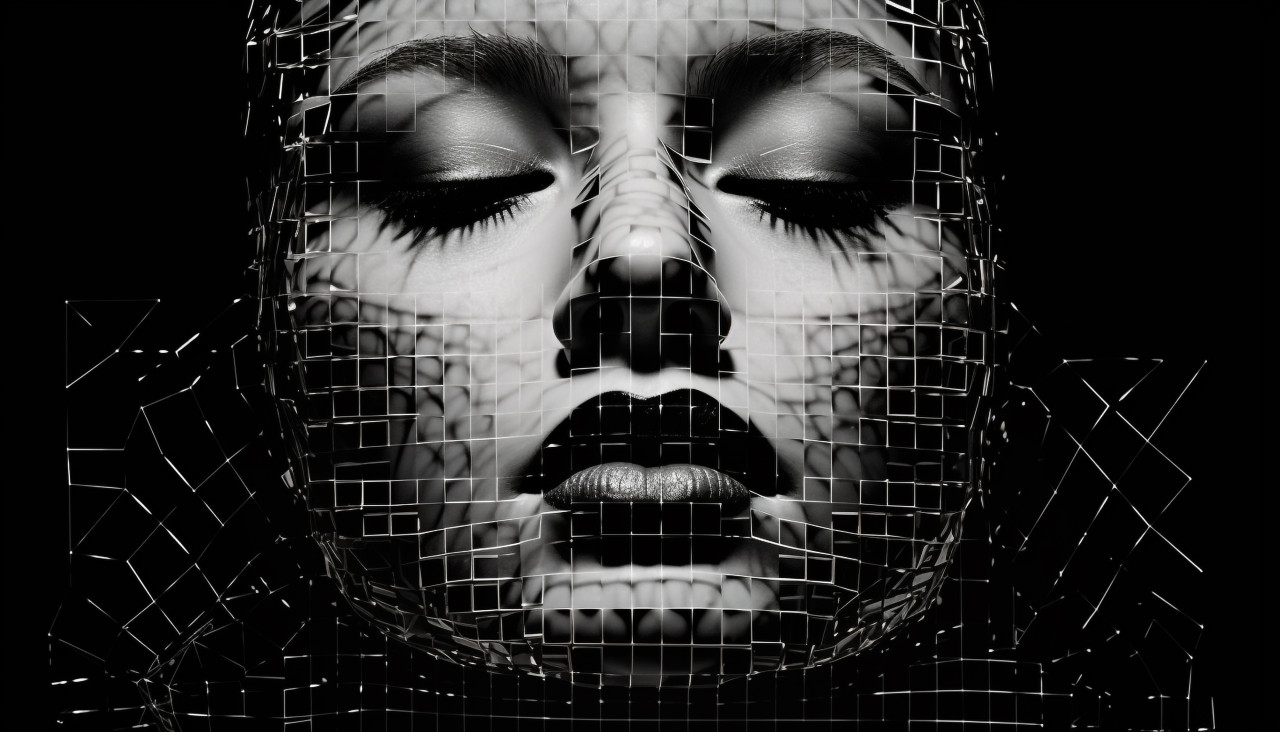 The face of a woman is represented by squares in a dark setting, ascii style art