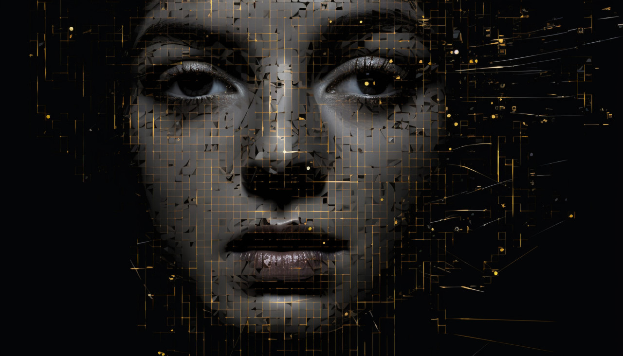 Womans face obscured by squares, ascii style art