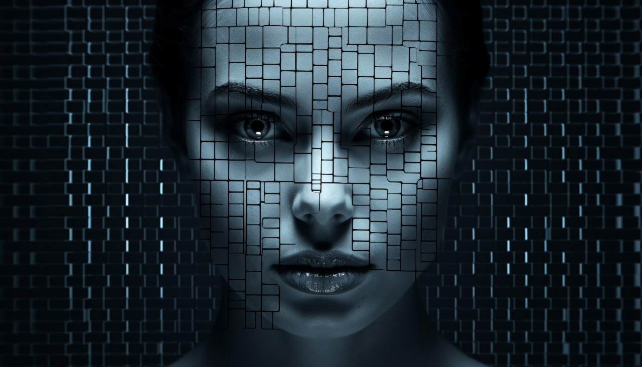 Black and blue digital image of a woman using artificial intelligence, ascii style art