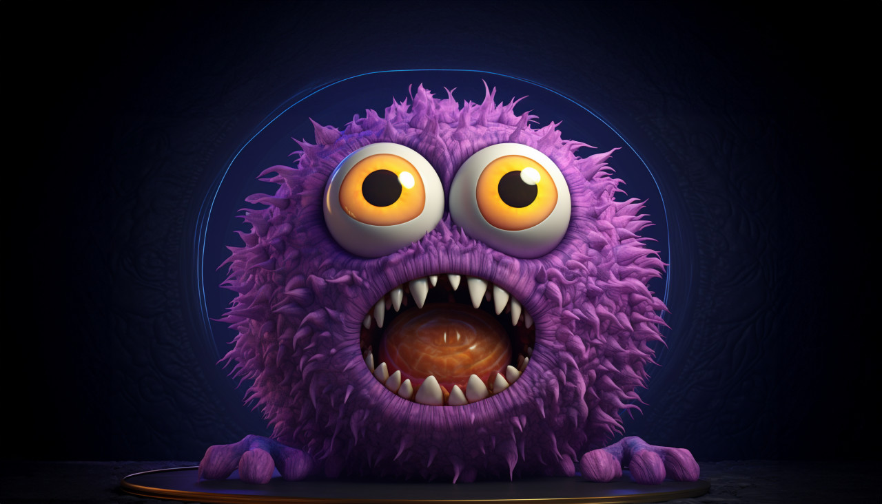 A purple monster with very big eyes and a wide mouth on a dark background, concept-style art