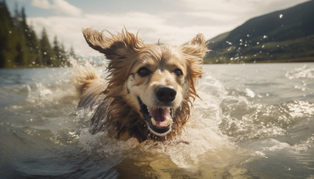 A dog running out of a body of water, caricature style art