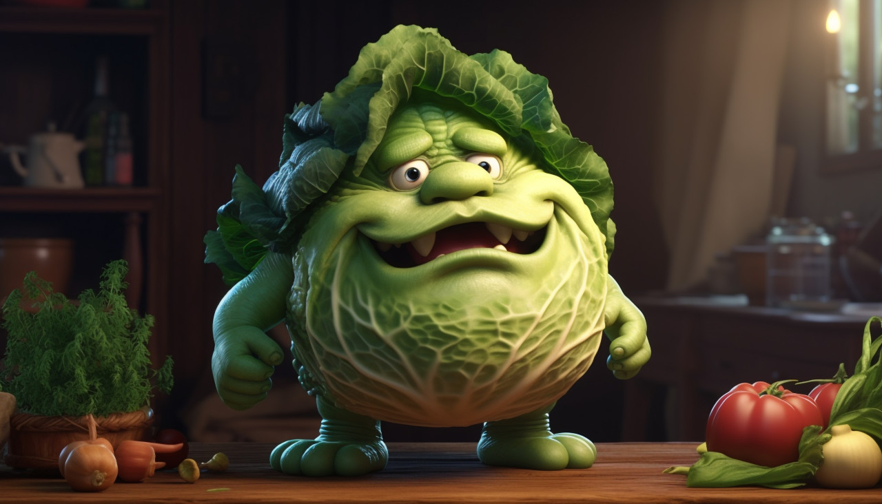 A toy cabbage looking angry in a dark room, concept art style