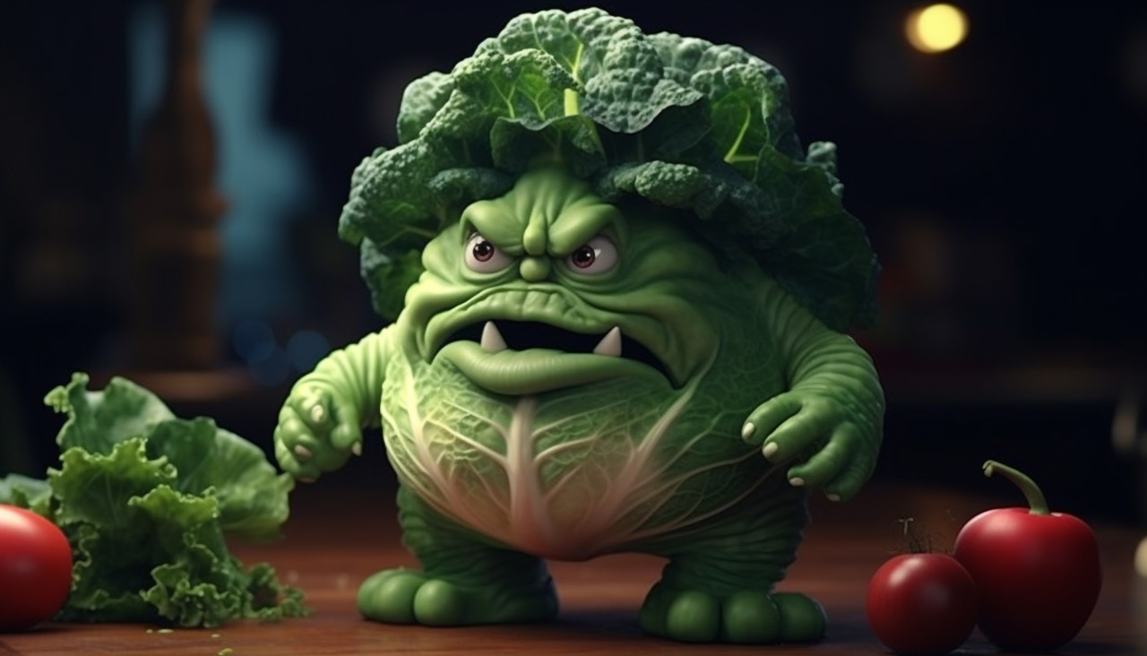 Angry toy cabbage in dark room, caricature style art