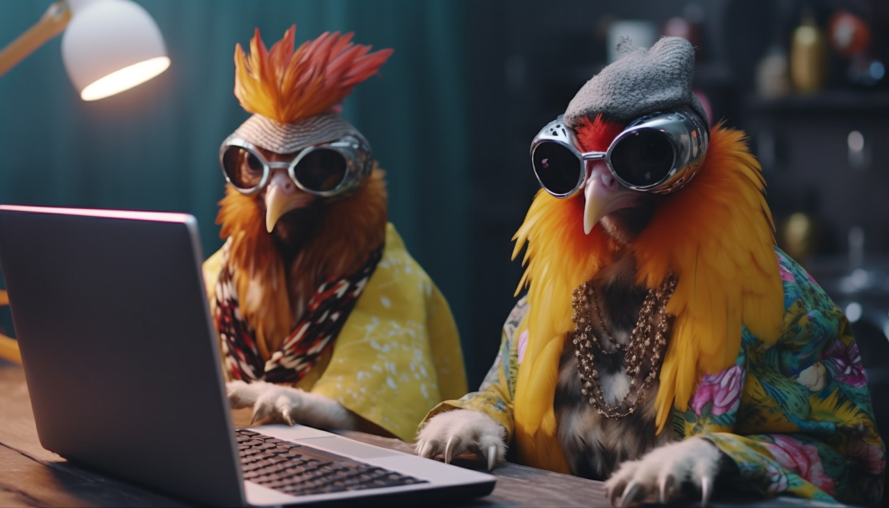 Two chickens in glasses are working on a laptop, concept art style