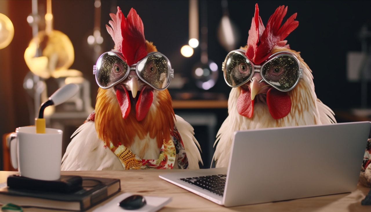 Two chicken in front of a laptop in glasses, concept art style
