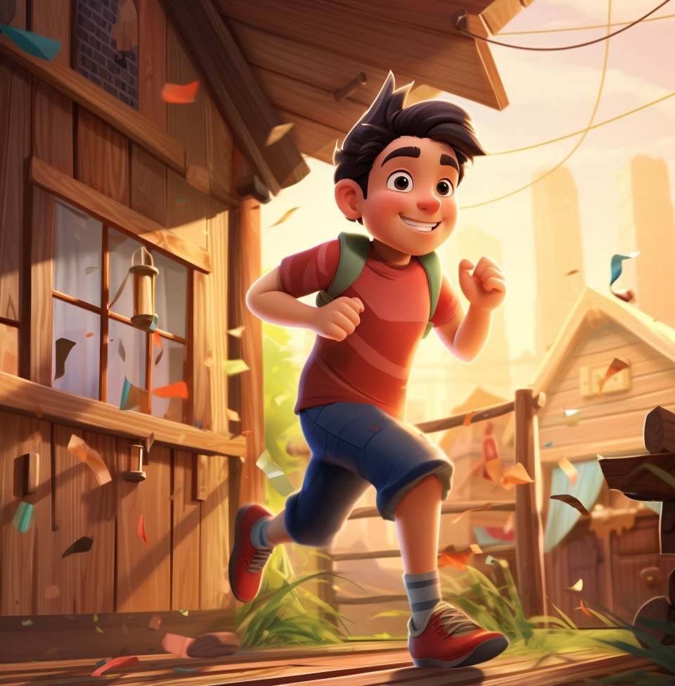 A character is running in front of a wooden house, cartoon style art