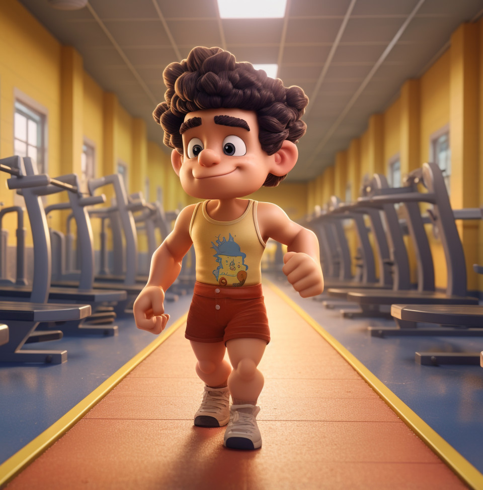 The cartoon character runs inside a gym, cartoon style art