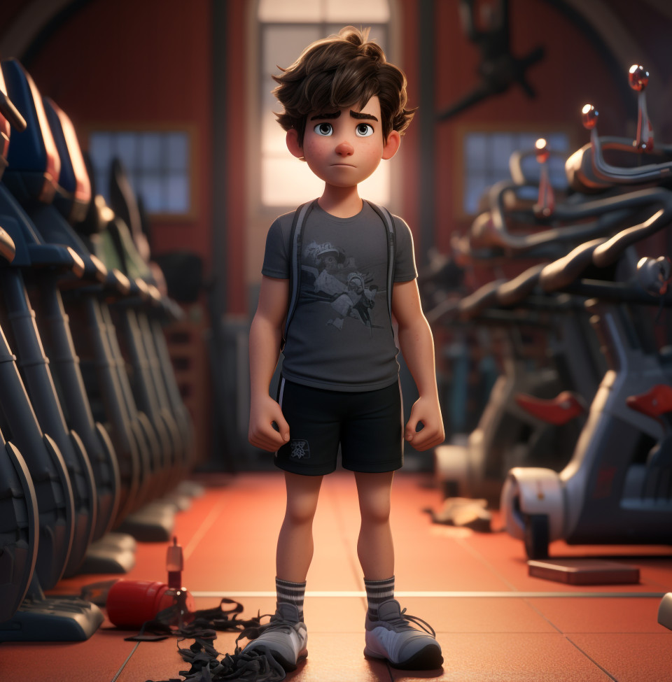 An animation character in black shorts in a gym, cartoon style art